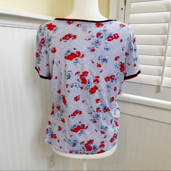 Lauren Ralph Lauren Red, White & Blue Floral & Stripe Linen Blend T-Shirt PL - Picture 2 of 4